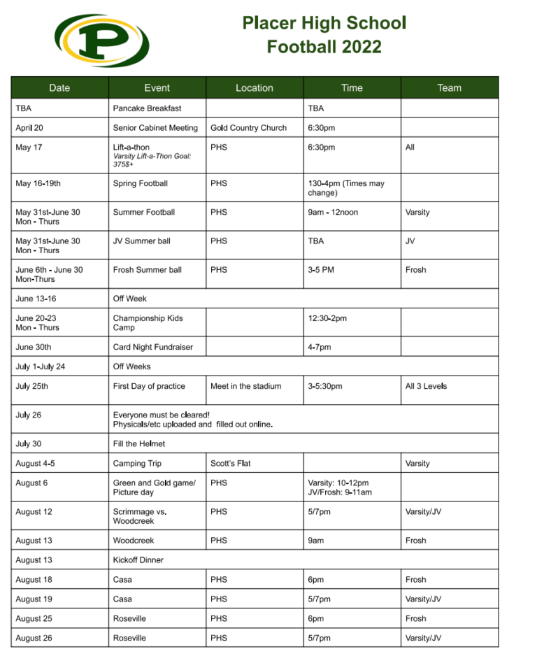 2022 PHS Football Schedule PLACER HILLMEN FOOTBALL